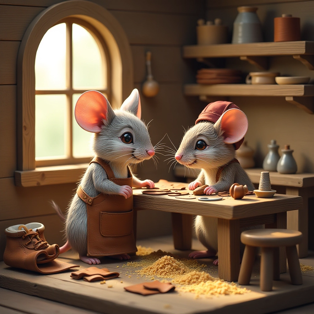 Two brother mice begin their day as cobblers in their workshop