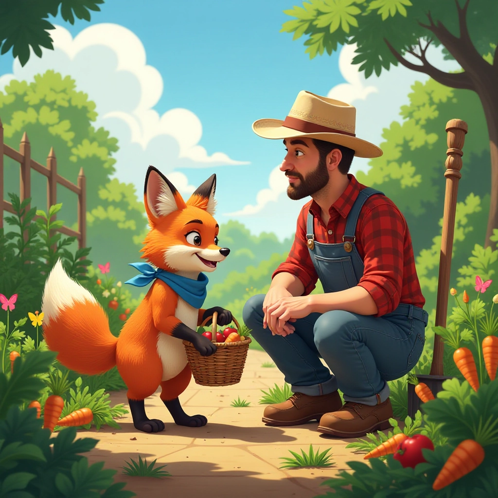 Fox and farmer work together in the vegetable garden