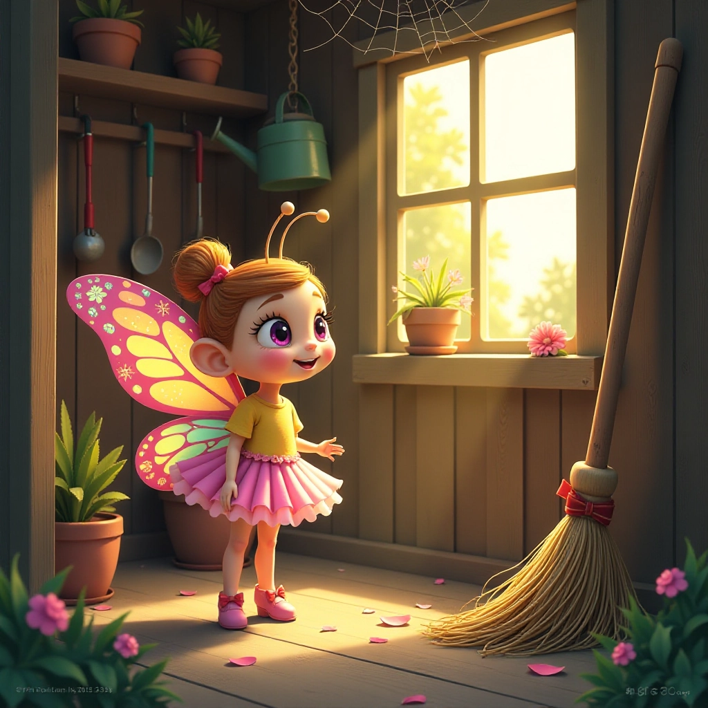 A lonely butterfly discovers an old broom in a garden shed