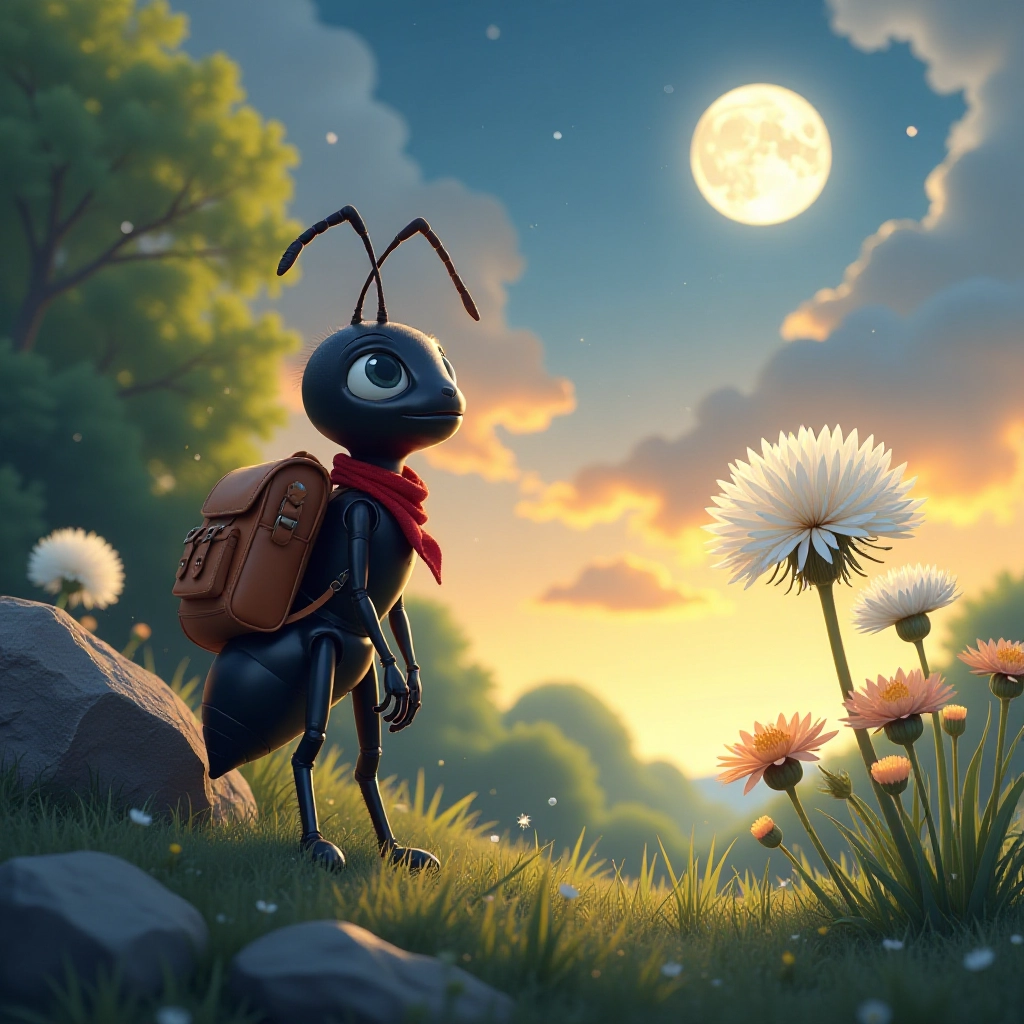 A curious ant named Andy discovers magic while watching the moon rise from a dandelion