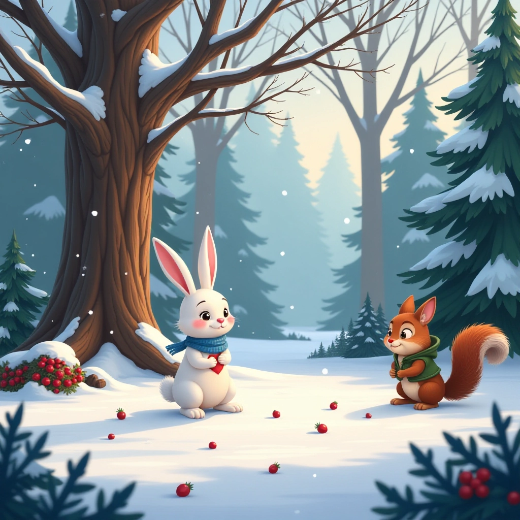 A shy bunny notices a pretty squirrel gathering acorns in a winter forest clearing.