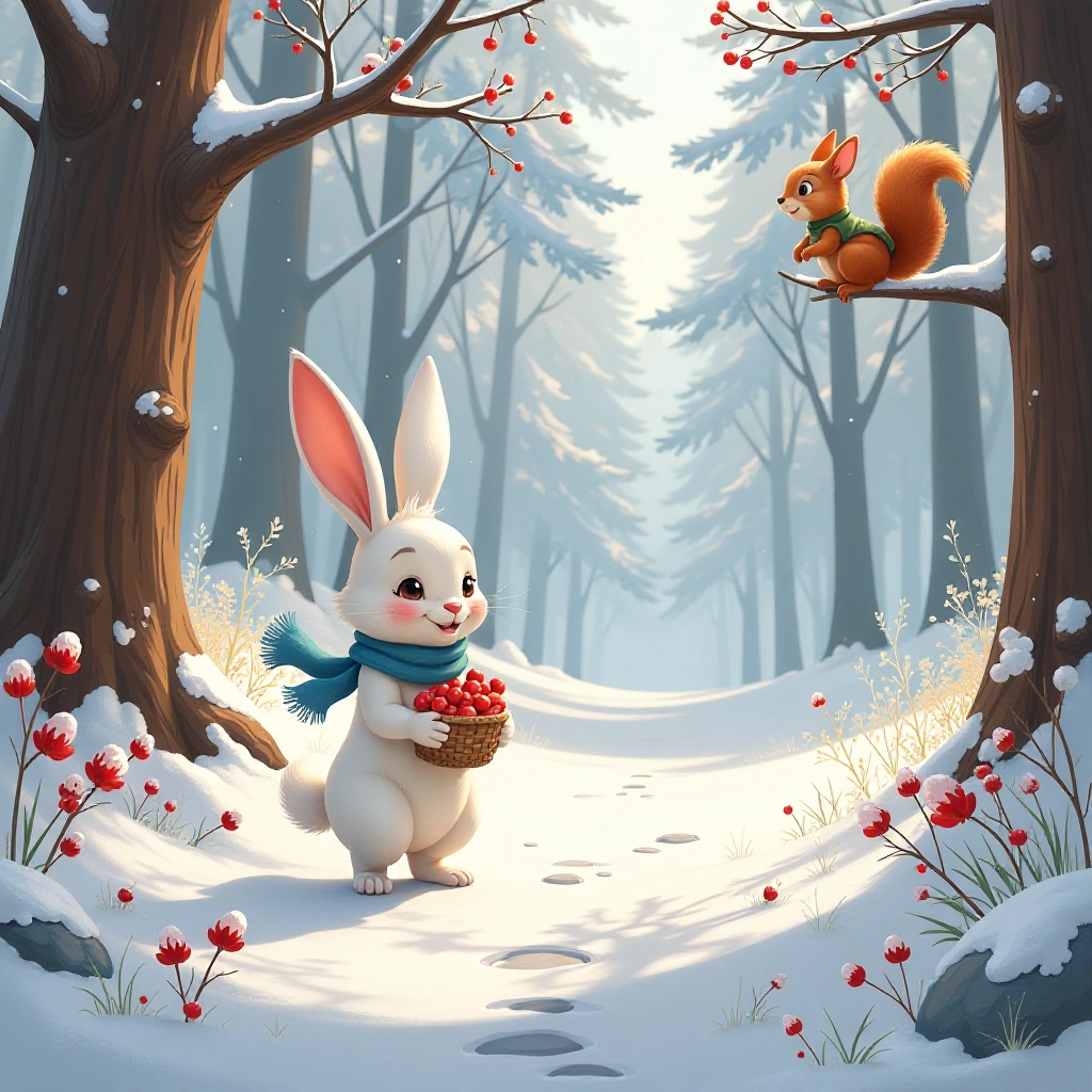 The bunny gathers berries and flowers to make a special Valentine's gift.