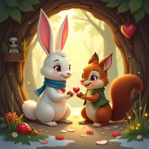 The bunny and squirrel share a cozy moment in their tree hollow.