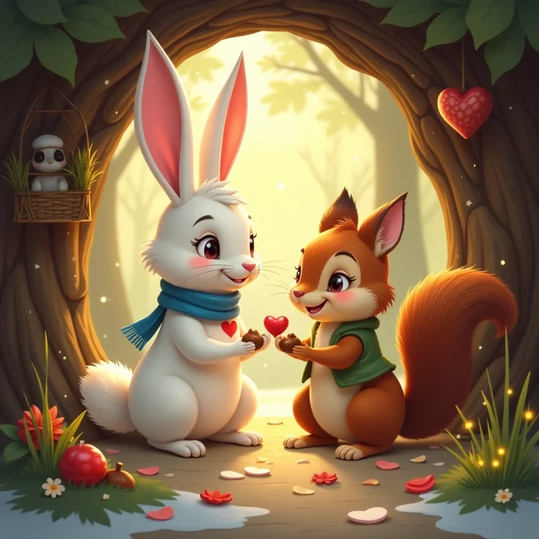 The bunny and squirrel share a cozy moment in their tree hollow.