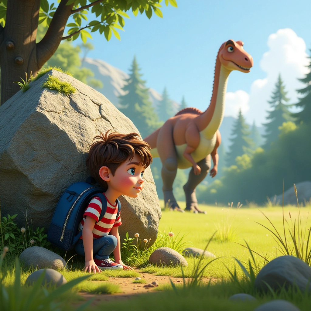 Max and Ziggy encounter real dinosaurs while hiding behind a boulder.