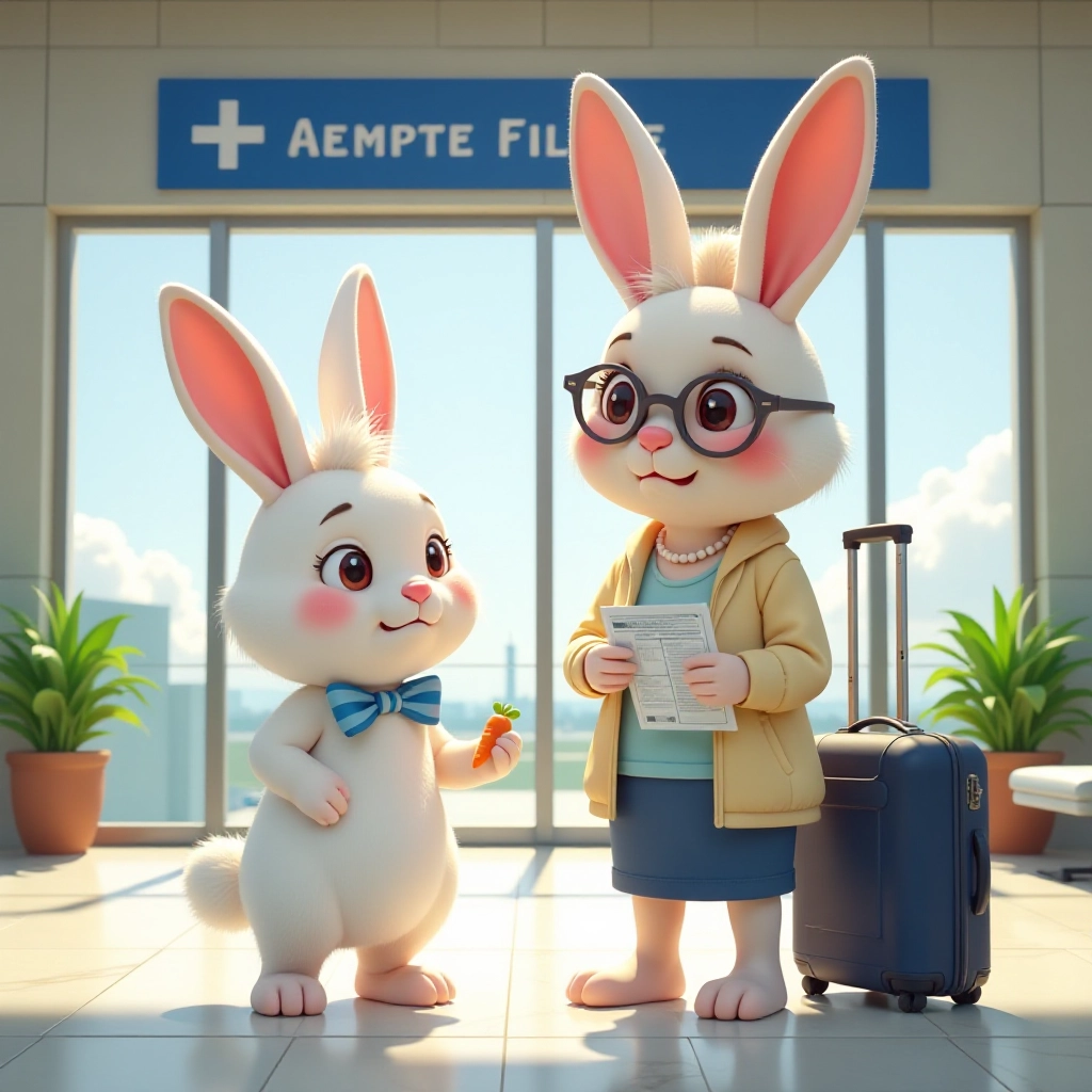 A young rabbit and his mother arrive at the airport entrance, setting the scene for their journey