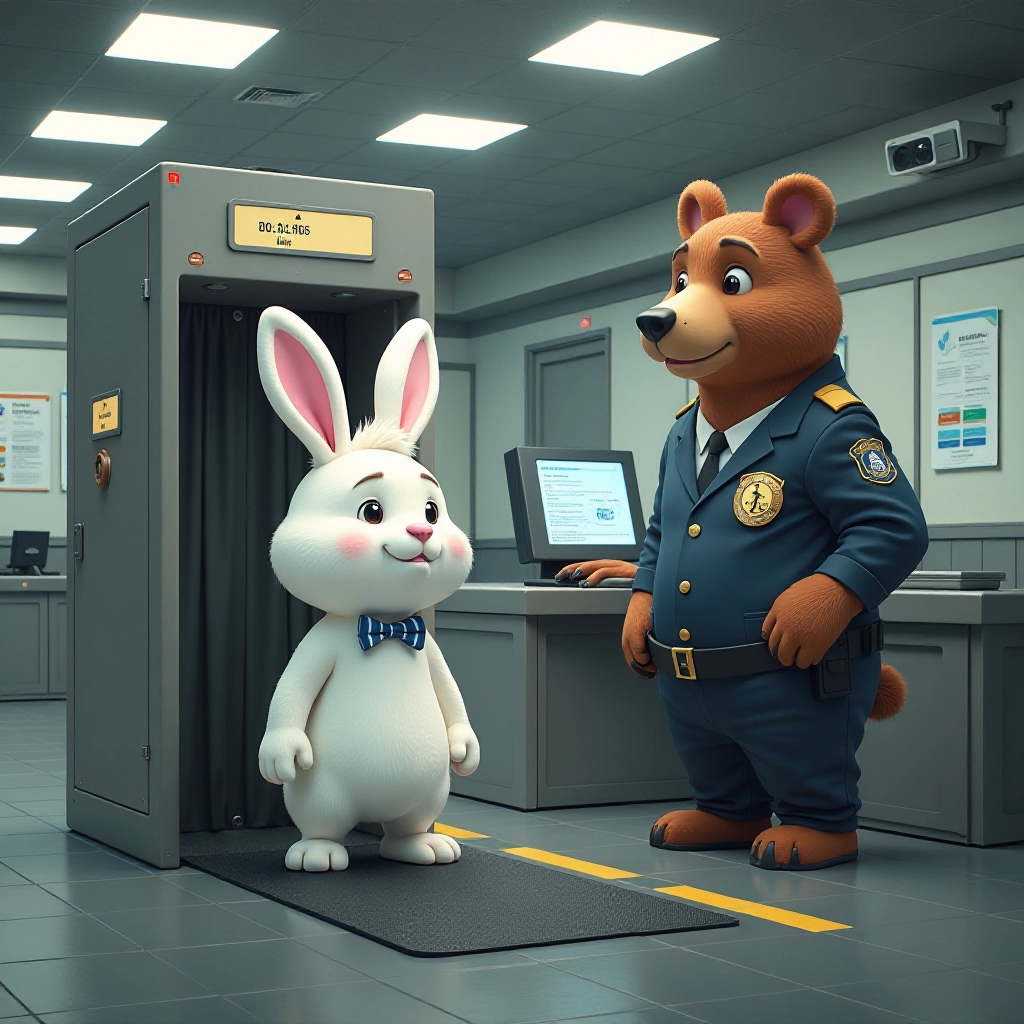 Hoppy realizes his backpack is missing while going through airport security