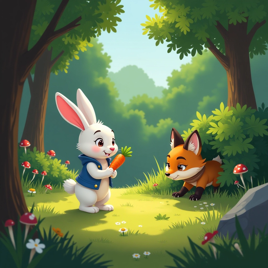 A peaceful morning scene introduces Hoppy the Rabbit and Rusty the Fox.