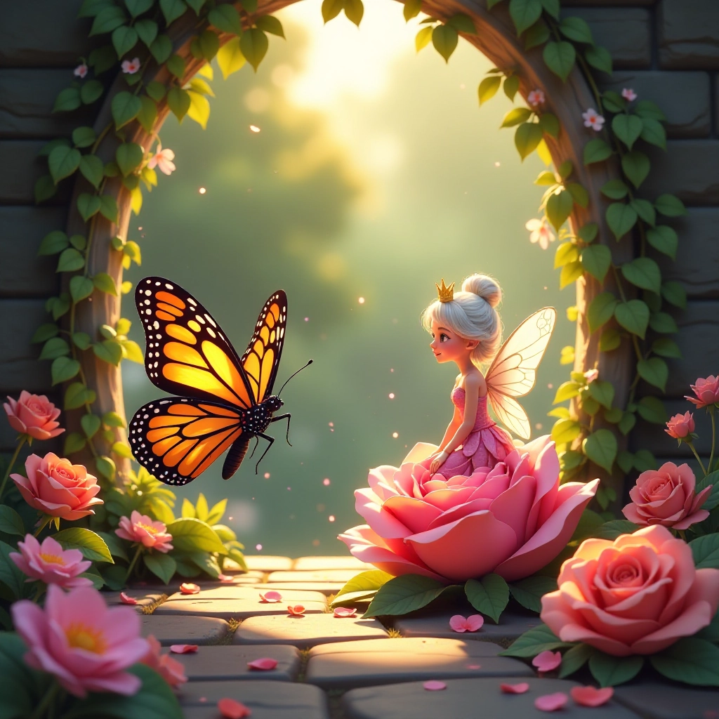 A young butterfly discovers a magical garden entrance.