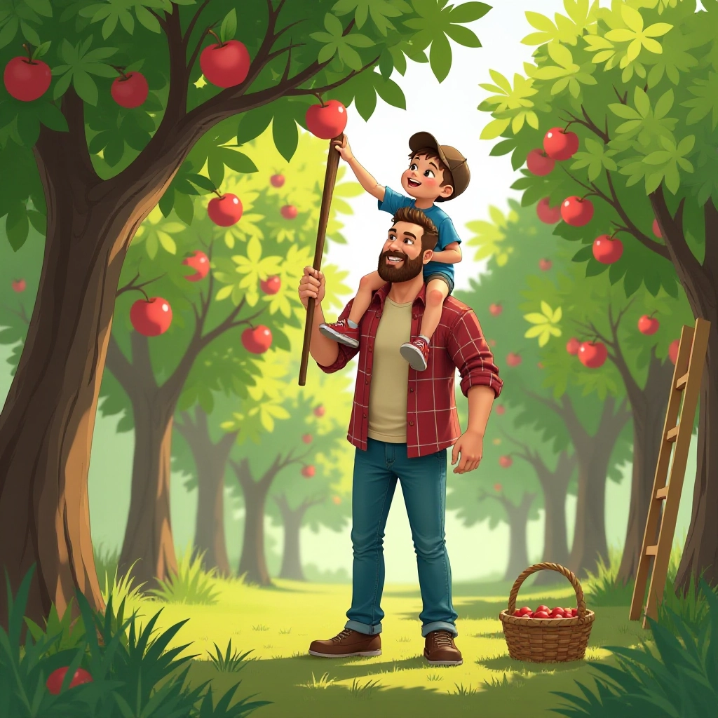 Humorous attempts at apple picking with father and son working together.
