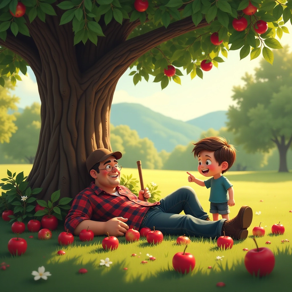 Hilarious mishap leads to father covered in fallen apples.