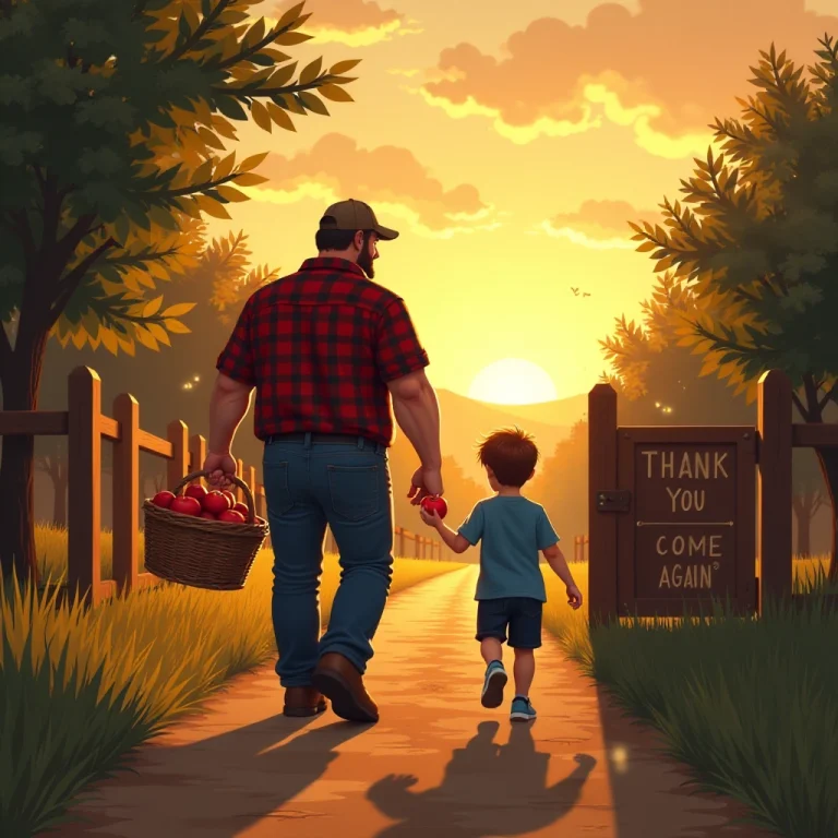 Father and son head home with their harvest, sharing a warm moment.