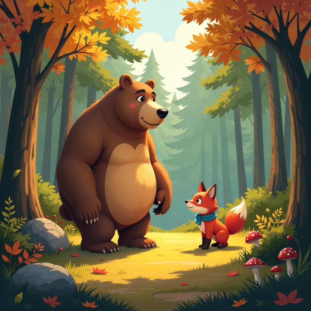 A large bear and small fox first encounter each other in a forest clearing