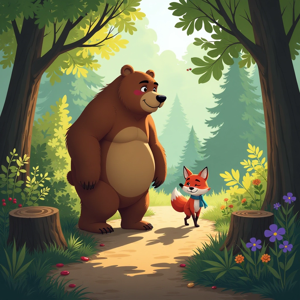 The fox follows the bear through the forest, learning about his gentle nature
