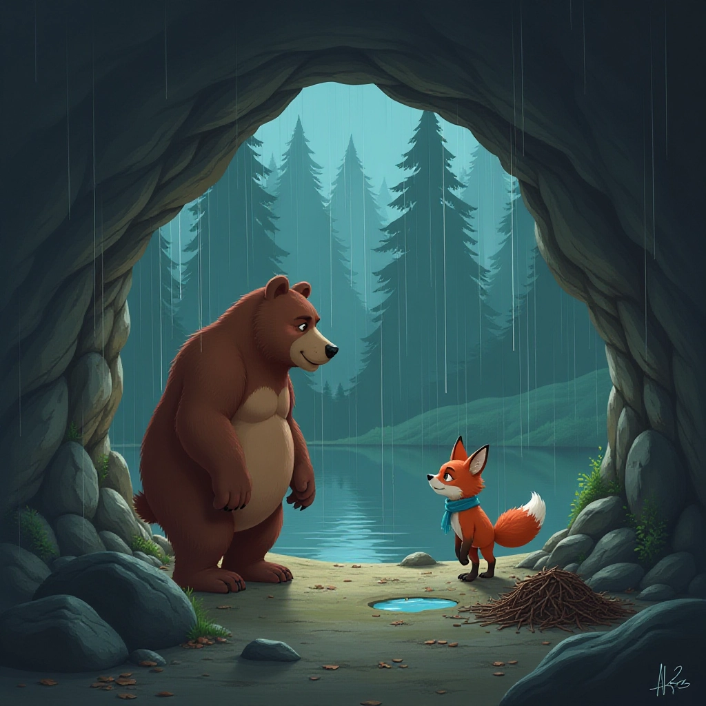 During a sudden storm, the bear offers shelter to the fox, showing his kindness