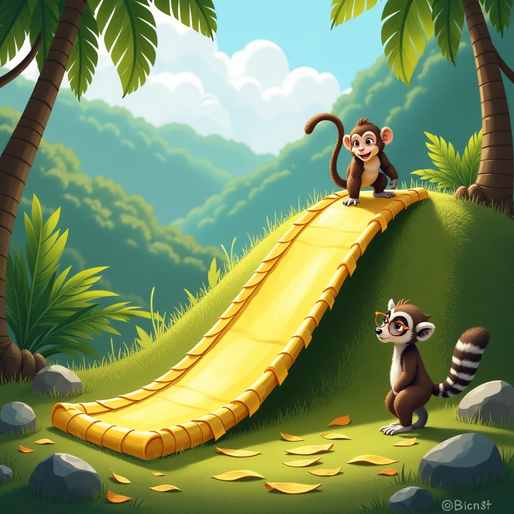Monkey transforms banana peels into exciting playground slide.