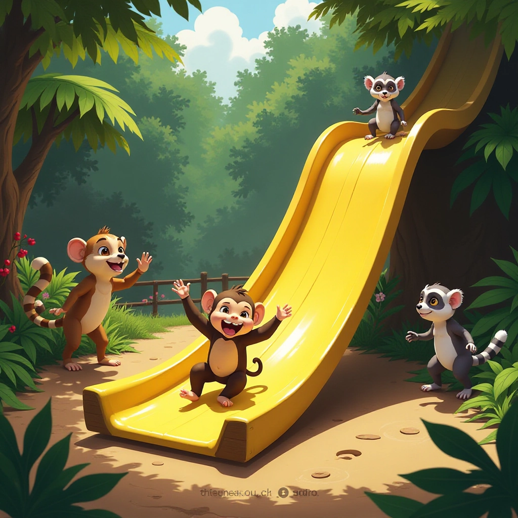 Animals enjoy exciting banana slide adventure.