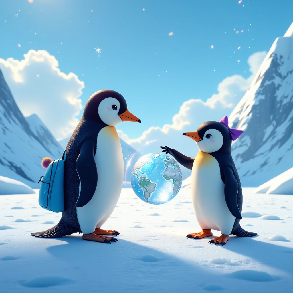 A curious penguin discovers a magical globe in Antarctica