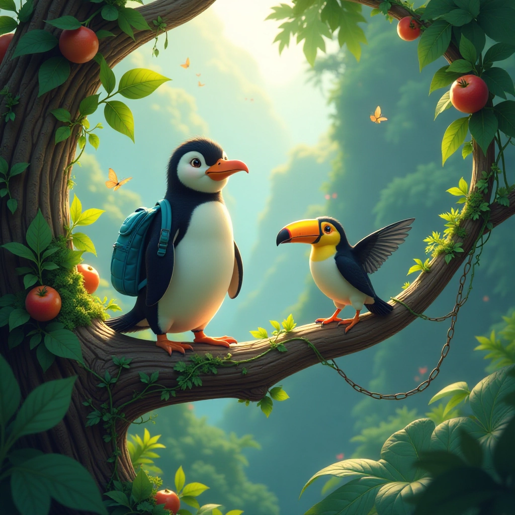 A penguin explores a vibrant rainforest with a toucan guide