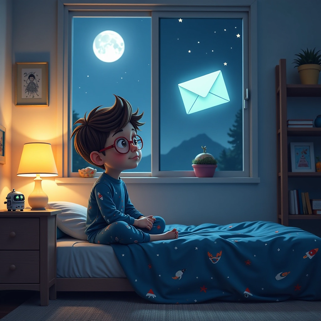A young boy discovers a mysterious glowing letter floating into his bedroom.