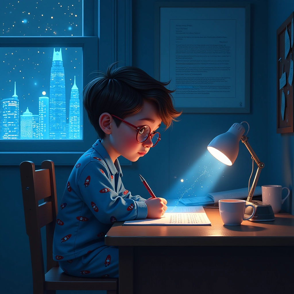 Tommy writes a response letter while surrounded by futuristic holograms.