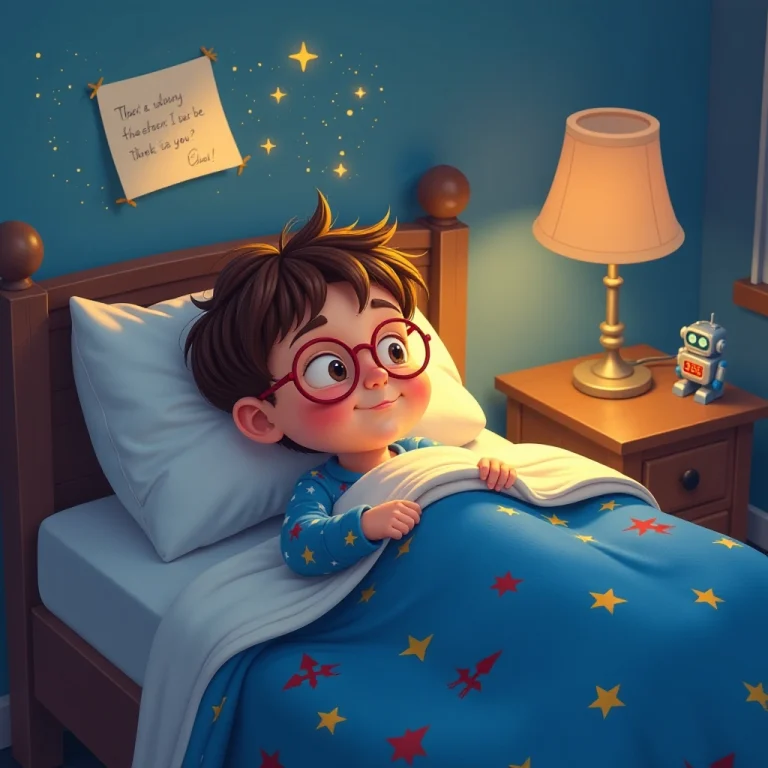 The magical letters fade away as Tommy falls asleep with a smile.