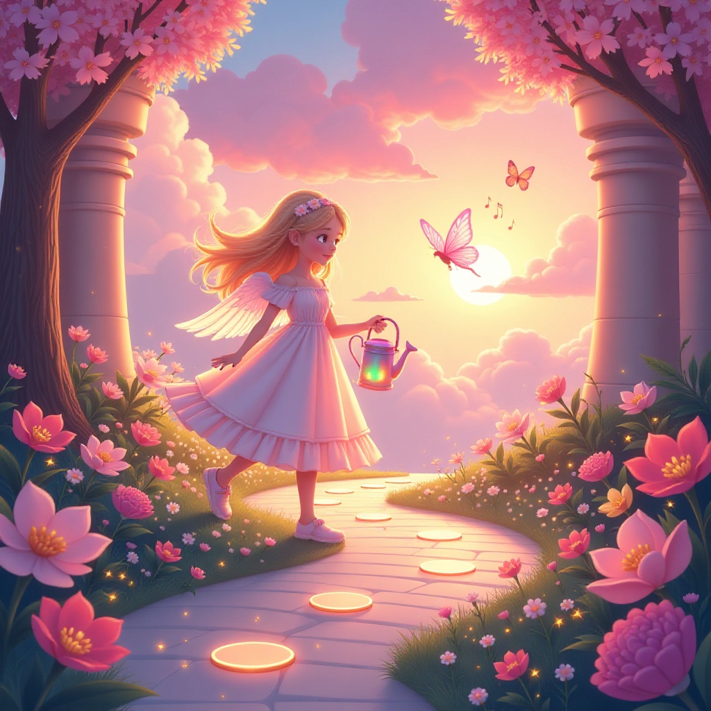 Luna and Belle tend to the magical dream flowers in the garden.