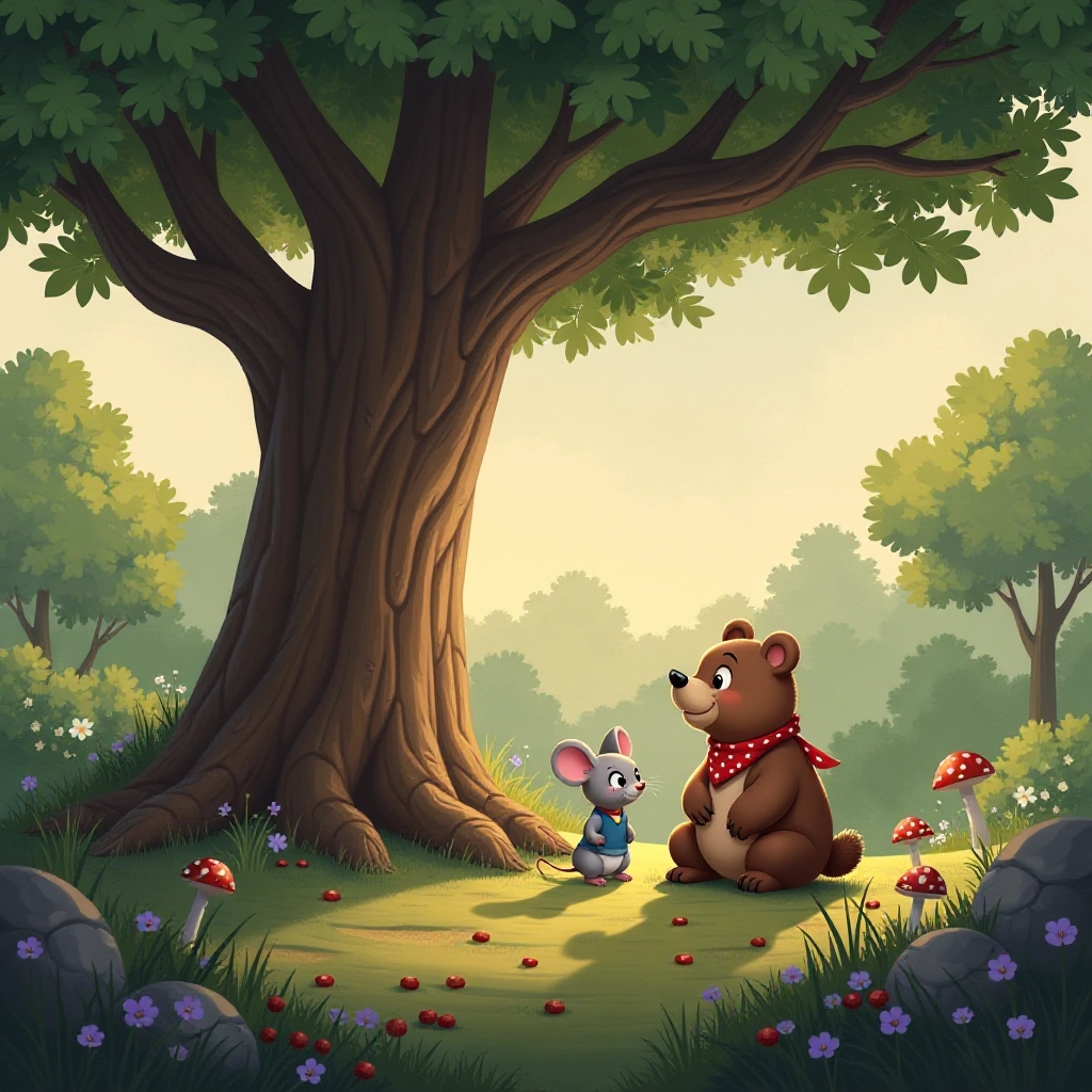 A tiny mouse meets a gentle giant bear in a magical forest clearing.