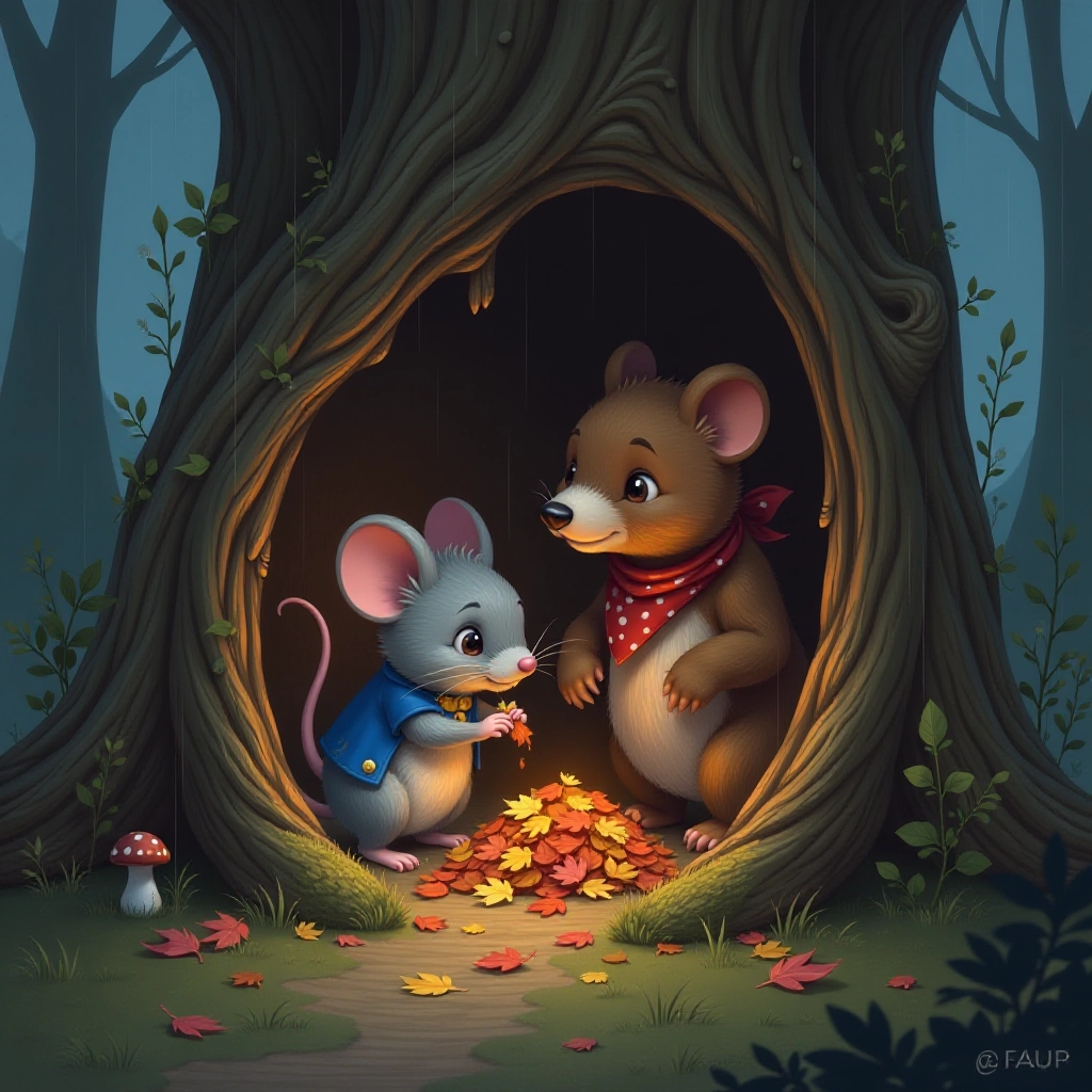 Mouse and bear find shelter together during a storm.