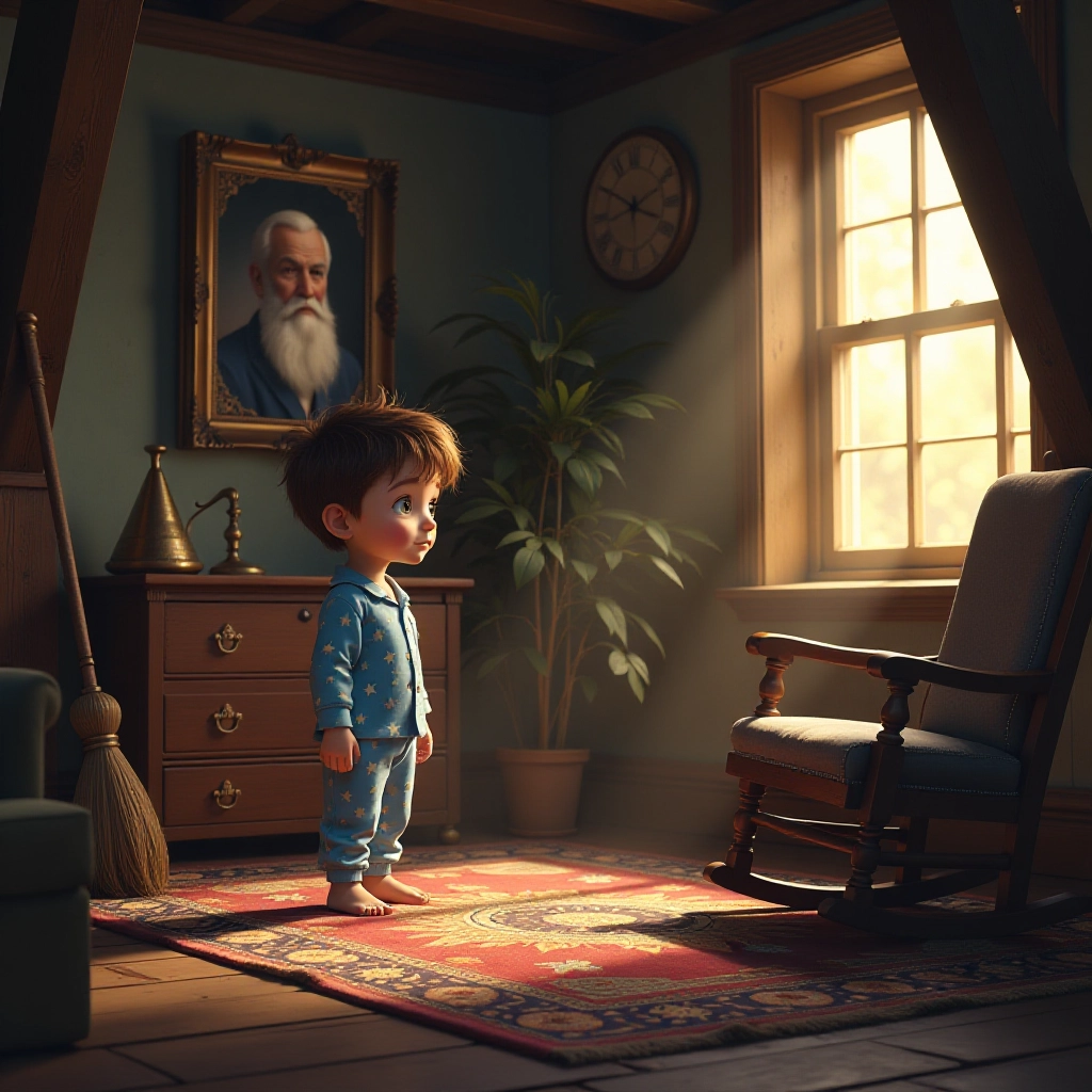 Young boy discovers magical broomstick in mysterious attic.