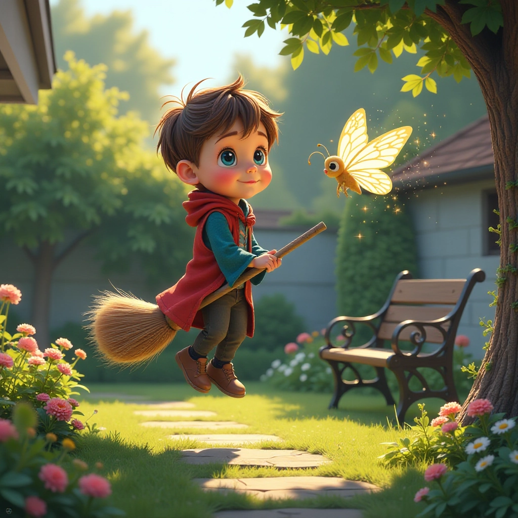First flying lesson in magical garden with glowing butterfly guide.