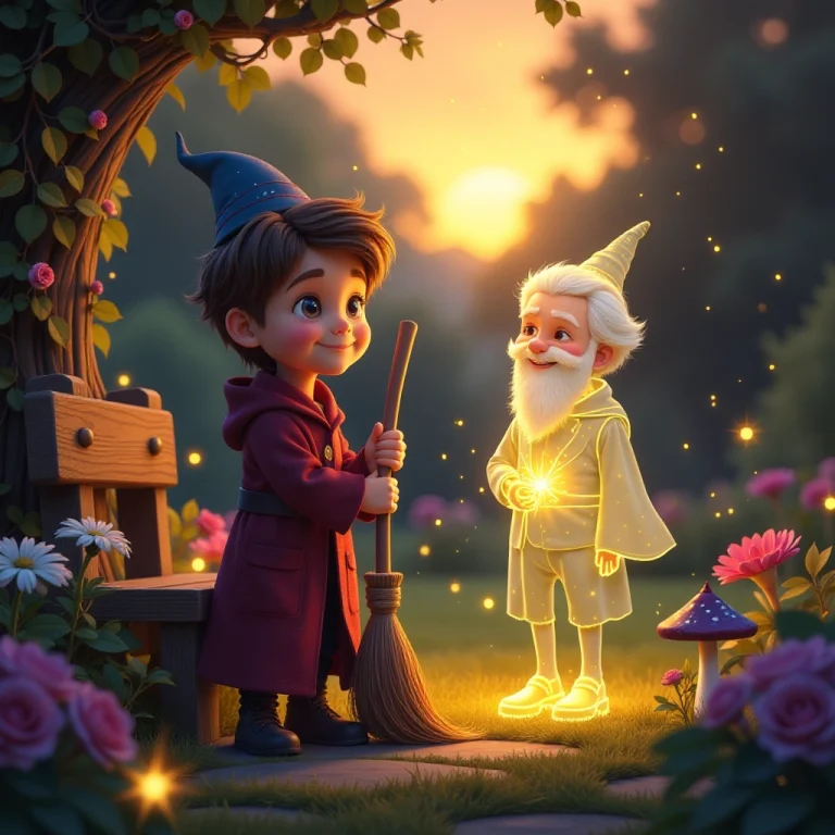 Touching reunion with grandfather's spirit in magical garden.