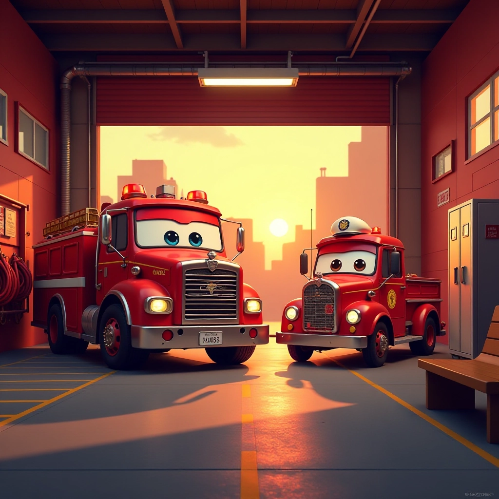 A young fire truck prepares for his night shift at the fire station.