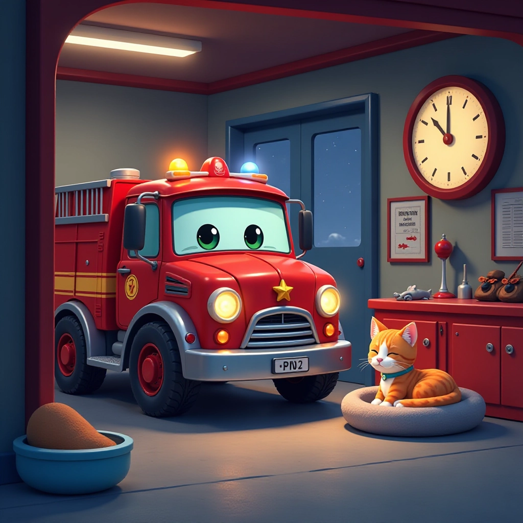 Flash and the rescued kitten return to the fire station for a peaceful night's rest.