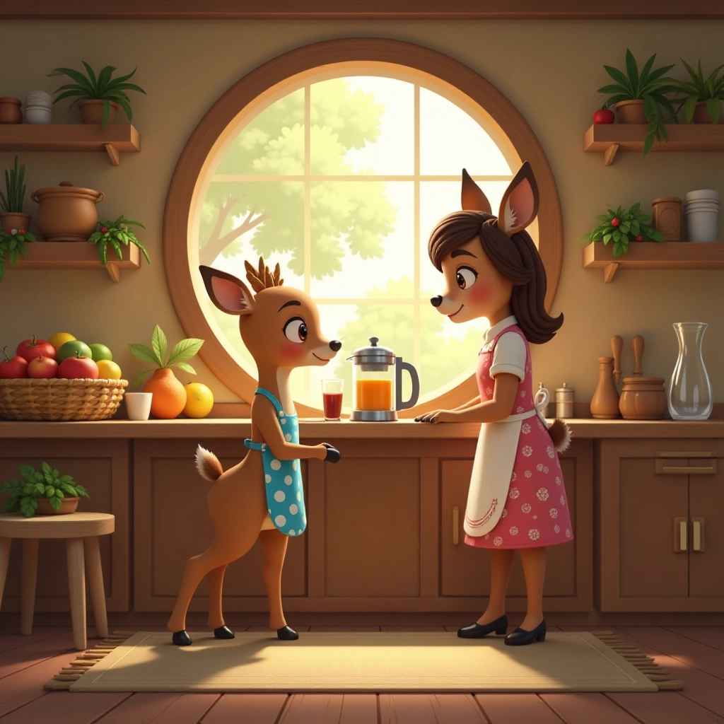 A young deer begins his first attempt at making fruit juice in a cozy forest kitchen