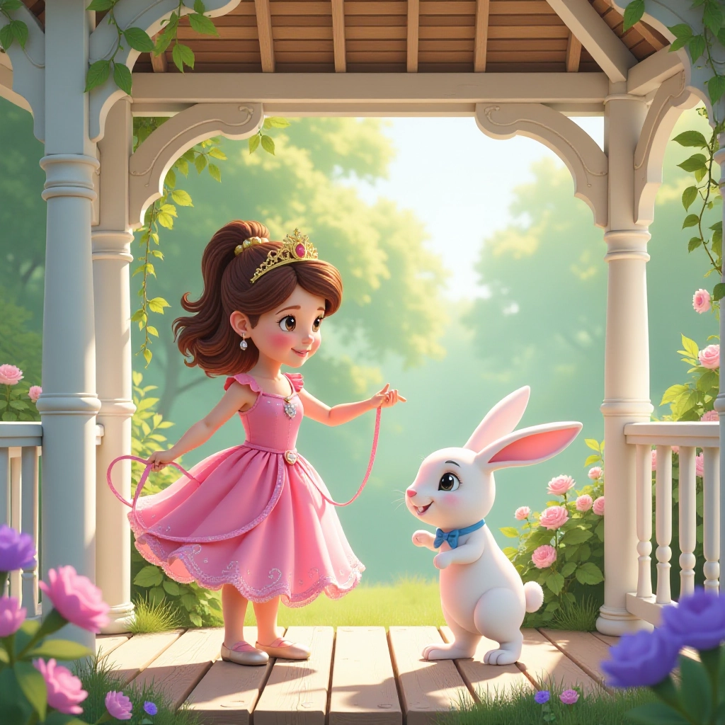 Princess teaches rabbit to dance in garden gazebo