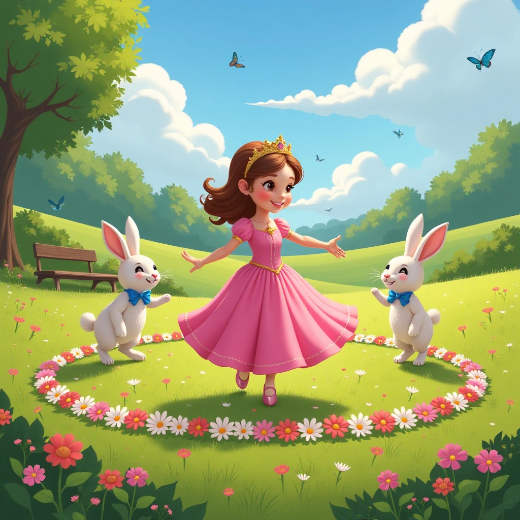 Princess and rabbit lead garden dance celebration