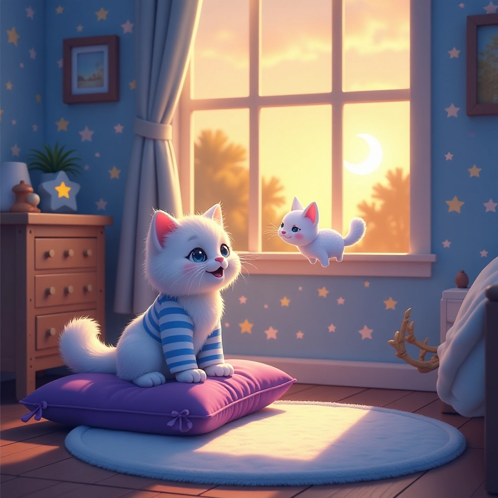 A sleepy cat meets a magical moon cat at bedtime.