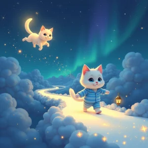 Whiskers and Luna journey through a magical night sky.
