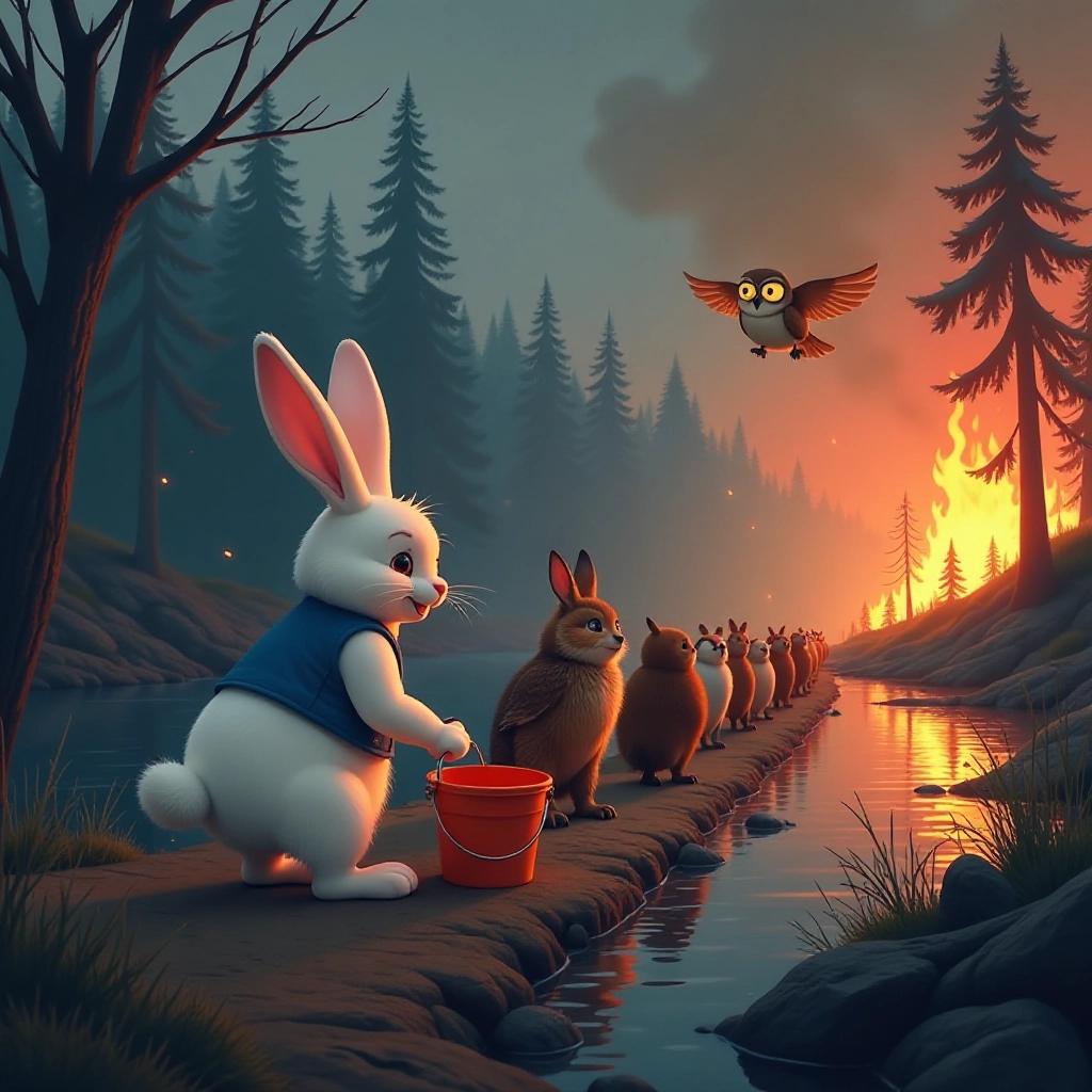 Hopper leads the forest animals in fighting the fire with water buckets.