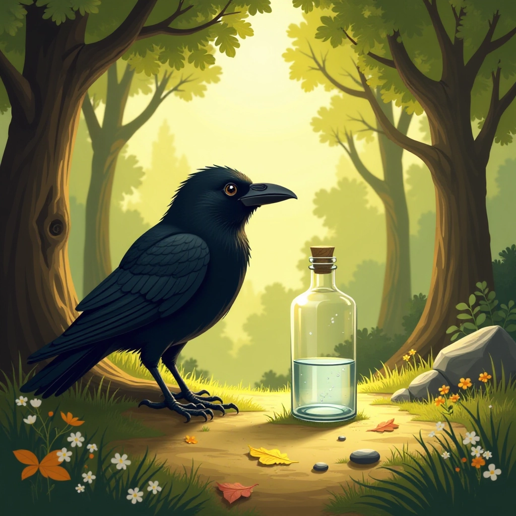 A thirsty crow discovers a bottle of water in a forest clearing