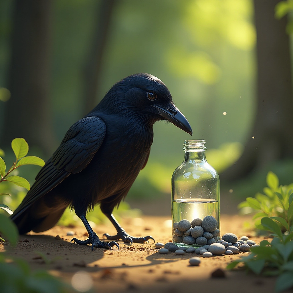 The crow begins collecting pebbles as a solution to reach the water