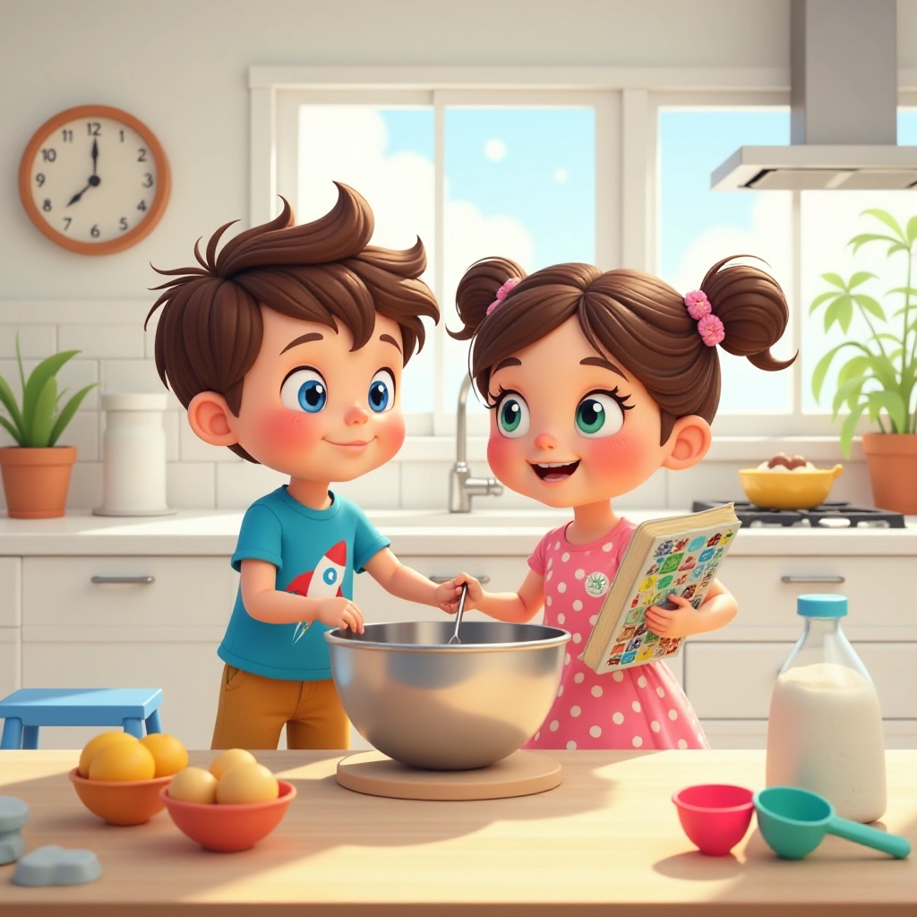 Two excited children begin their cake-making adventure in a sunny kitchen