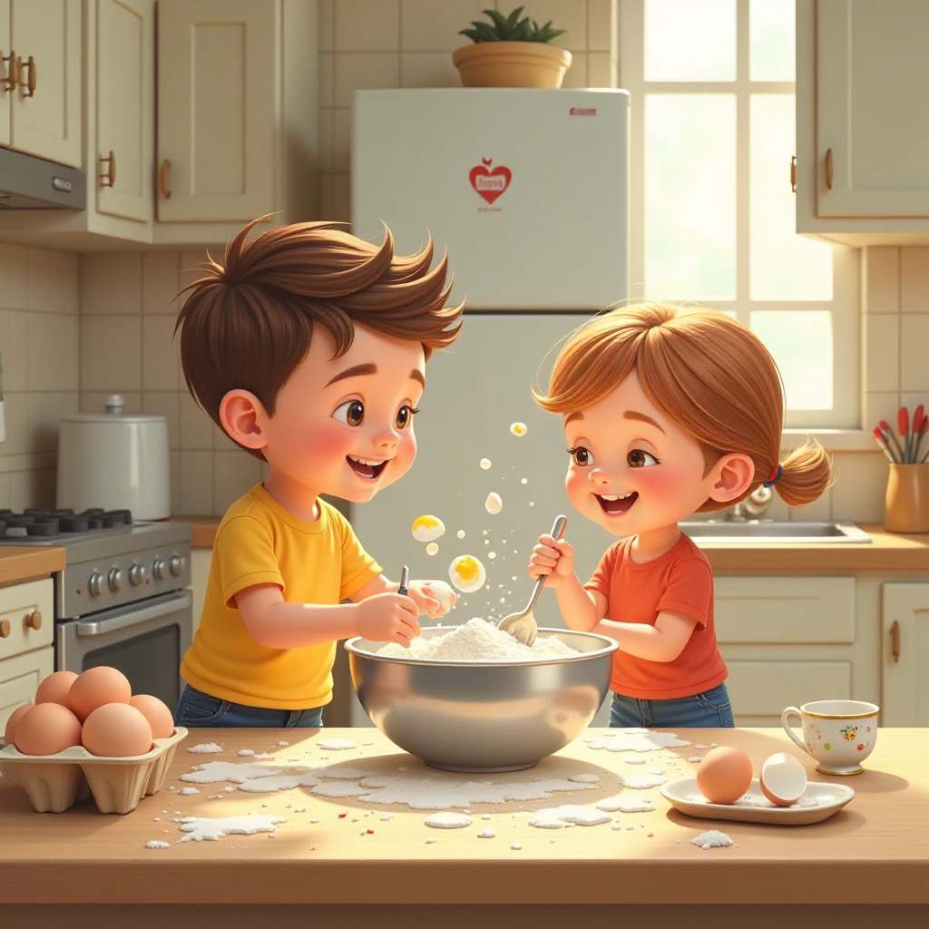 Kitchen chaos ensues as children attempt to mix cake ingredients