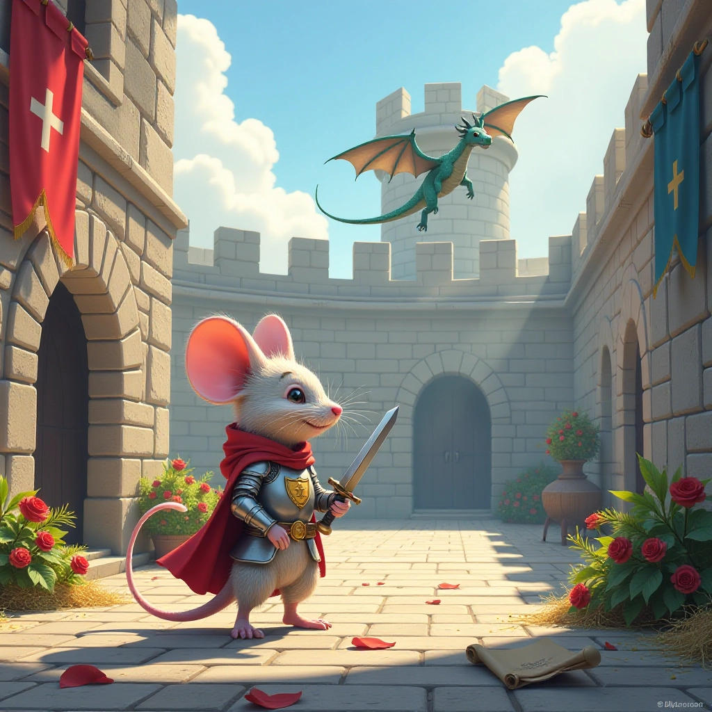 Brave knight mouse prepares for dragon quest in castle courtyard