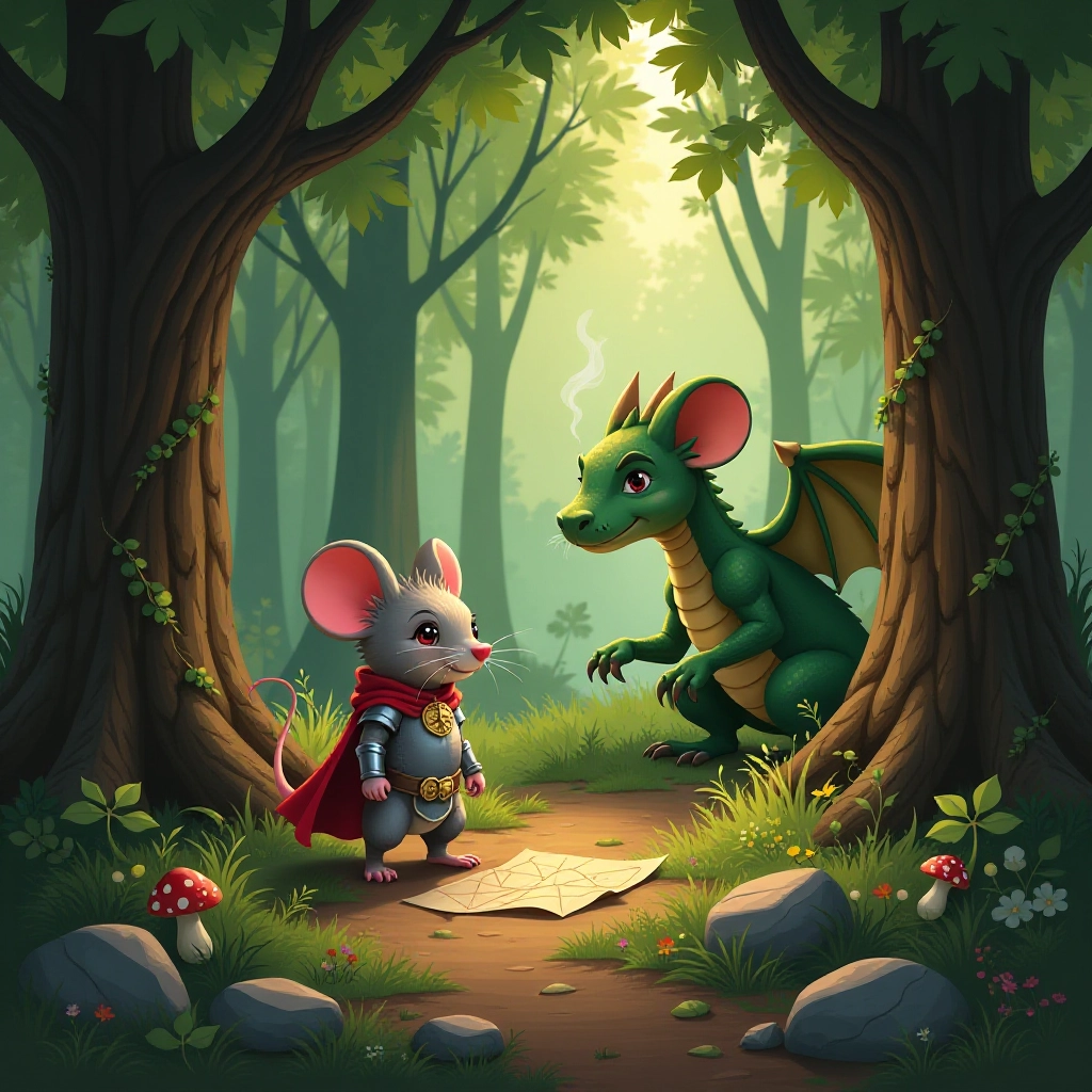Mouse knight encounters dragon in mysterious forest