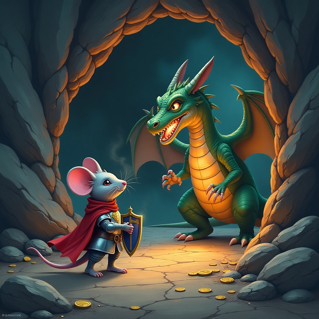 Dramatic confrontation between mouse knight and dragon at cave