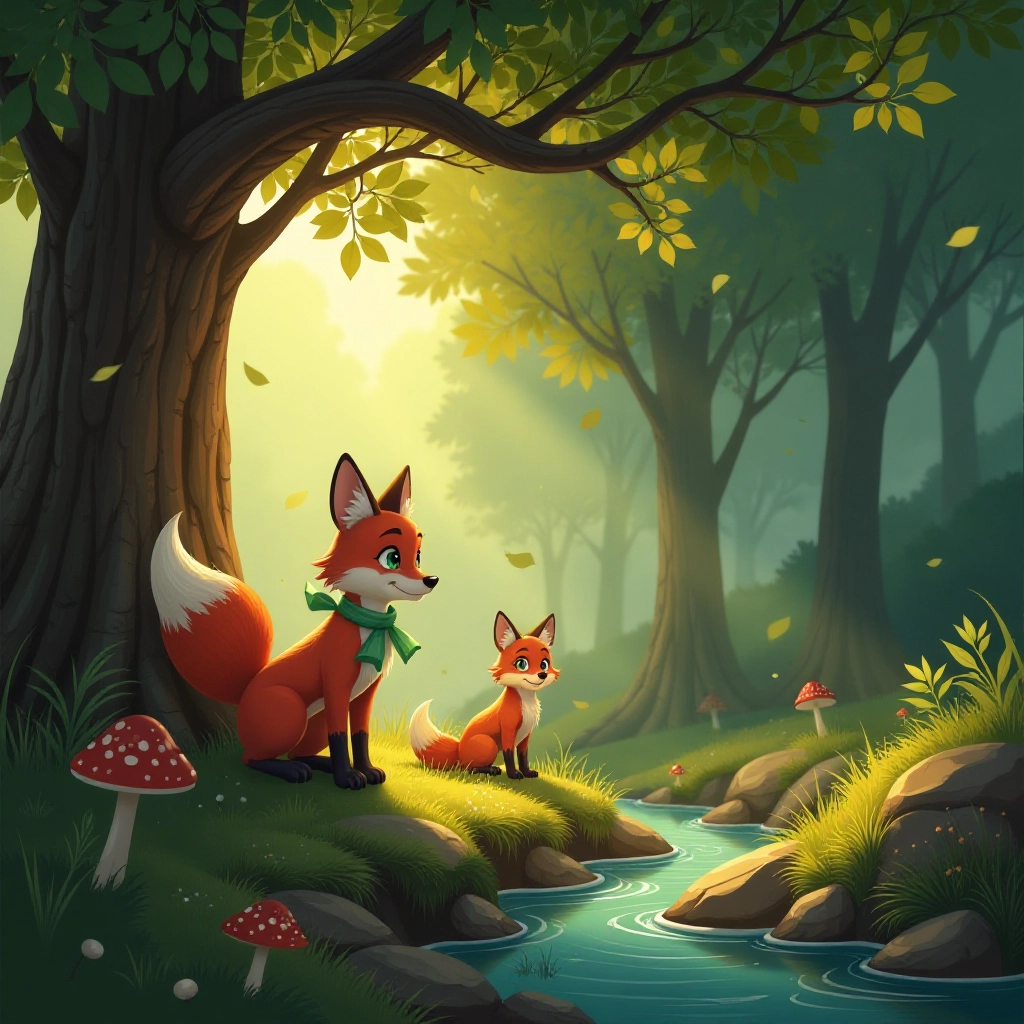 A young fox named Rusty starts his day in the misty morning forest.