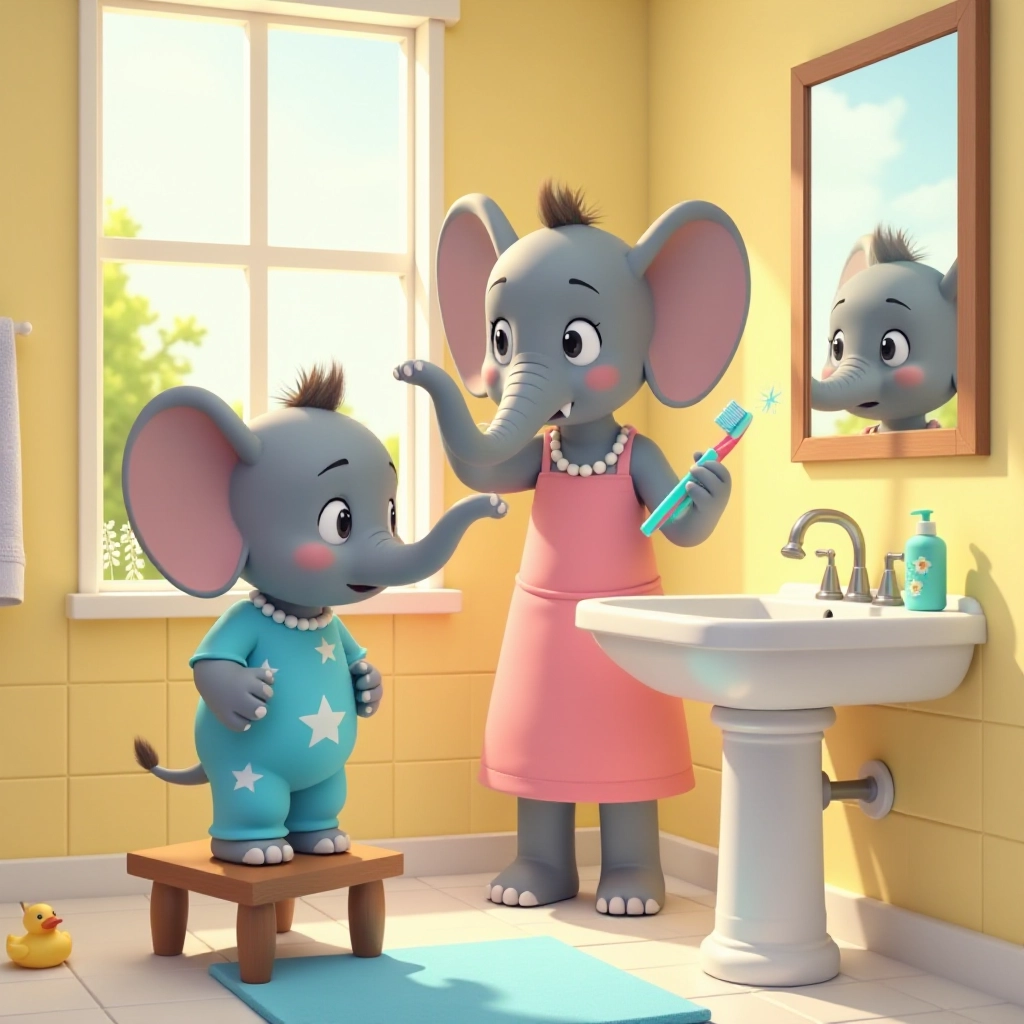A young elephant named Timmy refuses to brush his teeth while his mother tries to encourage him.