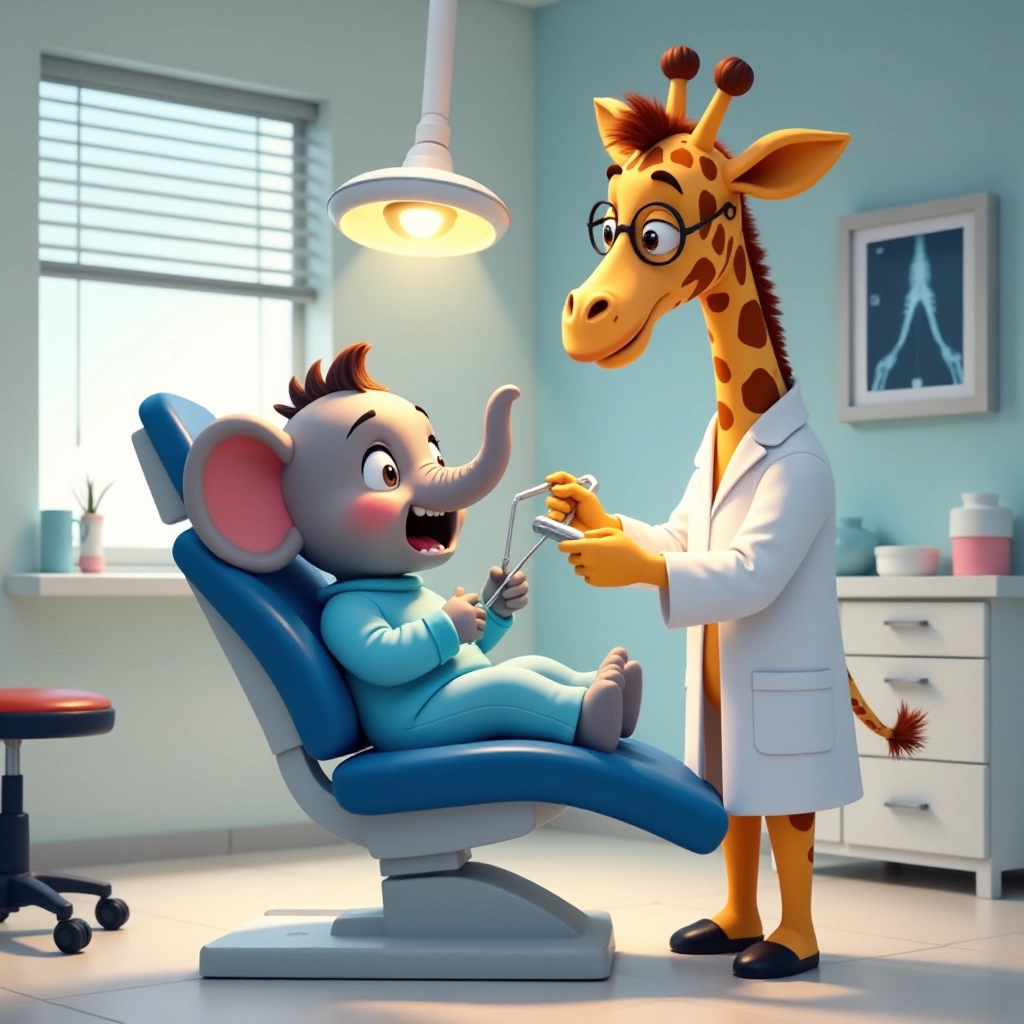 Dr. Giraffe discovers cavities in Timmy's teeth and performs dental work.
